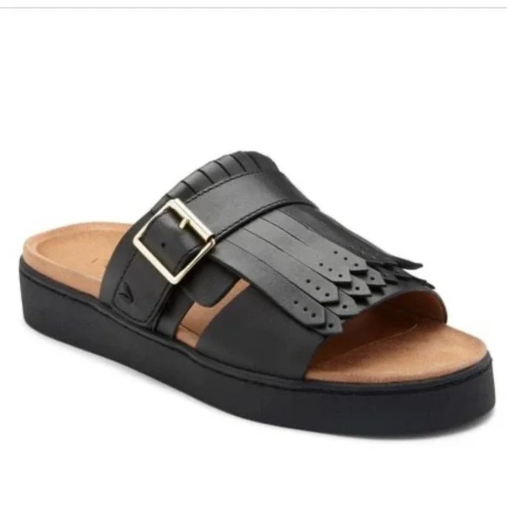 Vionic Black Leather Fringe Slide with Gold Buckle